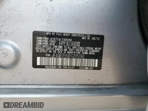 2014 Subaru WRX WRX z VIN JF1GR7E6XEG205162, wystawiony jako Copart lot #58713185 z przebiegiem Nie podano mil oraz Szkoda całkowita • Salvage title. Historia ofert i sprzedaży dostępna na DreamBid. Obrazek 13.