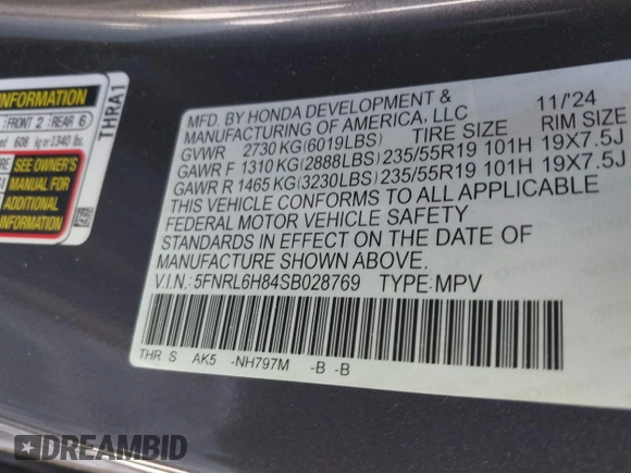 2025 Honda Odyssey Touring z VIN 5FNRL6H84SB028769, wystawiony jako IAAI lot #41856080 z przebiegiem Nie podano mil oraz . Historia ofert i sprzedaży dostępna na DreamBid. Obrazek 9.