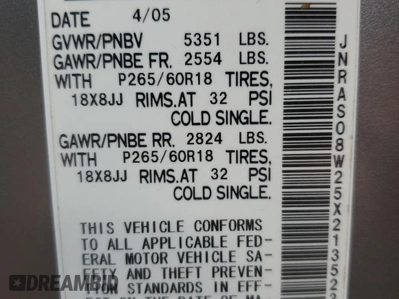 2005 Infiniti FX with VIN JNRAS08W25X213523, listed as a Copart auction lot 57257985 with 180,948 mi miles and Salvage title. Bid and sale history available at DreamBid. Image 14.