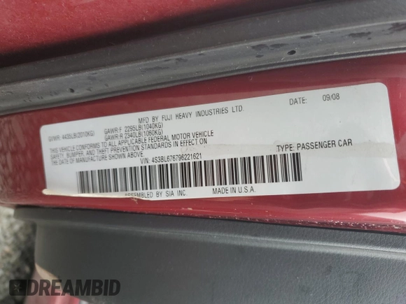 2009 Subaru Legacy GT Limited with VIN 4S3BL676796221621, listed as a Copart auction lot 45785265 with 116,563 mi miles and Salvage title. Bid and sale history available at DreamBid. Image 14.