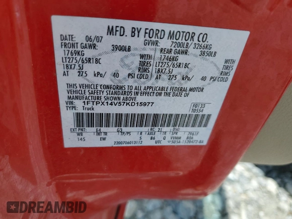 2007 Ford F-150 XLT with VIN 1FTPX14V57KD15977, listed as a Copart auction lot 60962885 with 156,570 mi miles and Salvage title. Bid and sale history available at DreamBid. Image 13.