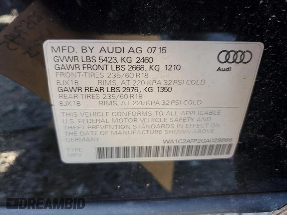 2016 Audi Q5 Premium with VIN WA1C2AFP2GA029886, listed as a Copart auction lot 62757495 with 94,883 mi miles and Clean title. Bid and sale history available at DreamBid. Image 14.