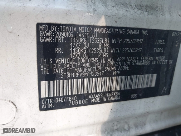 2021 Toyota RAV4 LE with VIN 2T3H1RFV9MC123547, listed as a IAAI auction lot 41753434 with 52,584 mi miles. Bid and sale history available at carsss.com. Image 9.