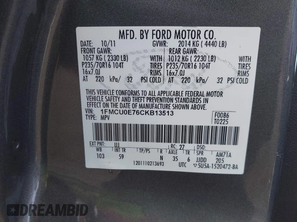 2012 Ford Escape Limited with VIN 1FMCU0E76CKB13513, listed as a IAAI auction lot 41992277 with 159,141 mi miles. Bid and sale history available at carsss.com. Image 9.