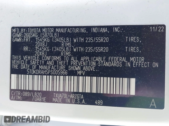 2023 Toyota Highlander L with VIN 5TDKDRAH5PS005966, listed as a IAAI auction lot 41976292 with 51,857 mi miles and . Bid and sale history available at DreamBid. Image 9.