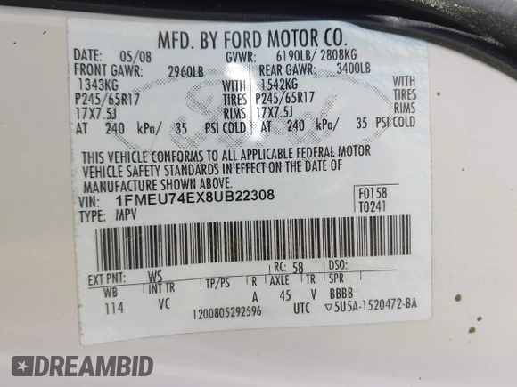 2008 Ford Explorer Eddie Bauer с VIN 1FMEU74EX8UB22308, выставлен на аукционе IAAI как лот 42135178 с пробегом 147 219 миль миль и . История ставок и продаж доступна на DreamBid. Изображение 9.
