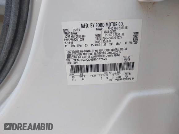2013 Ford Edge Limited with VIN 2FMDK3KC4DBC37529, listed as a IAAI auction lot 41895009 with 122,041 mi miles. Bid and sale history available at carsss.com. Image 9.