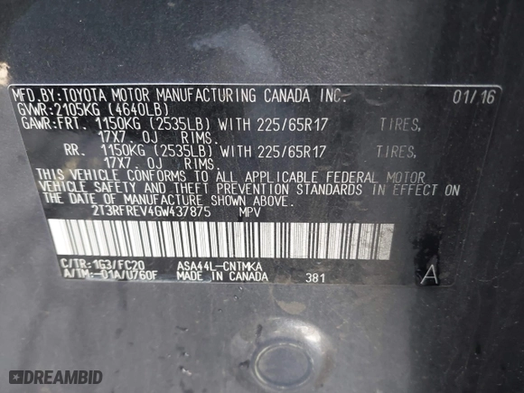 2016 Toyota RAV4 XLE with VIN 2T3RFREV4GW437875, listed as a IAAI auction lot 41694951 with 136,098 mi miles. Bid and sale history available at carsss.com. Image 9.
