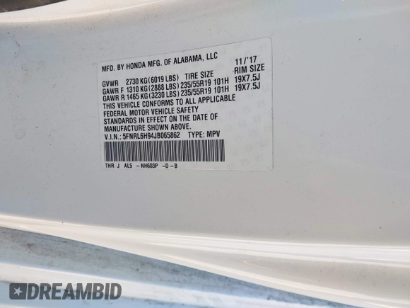 2018 Honda Odyssey Elite with VIN 5FNRL6H94JB065862, listed as a IAAI auction lot 41382127 with 101,774 mi miles and . Bid and sale history available at DreamBid. Image 9.