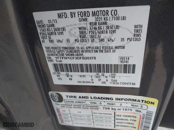2013 Ford F-150 XL with VIN 1FTFW1CF3DFB20375, listed as a IAAI auction lot 41618480 with 130,192 mi miles. Bid and sale history available at carsss.com. Image 9.