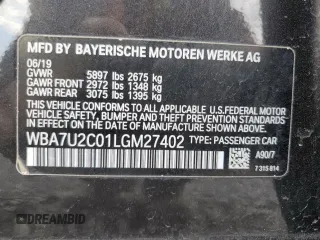 2020 BMW 7 Series 750i xDrive with VIN WBA7U2C01LGM27402, listed as a Copart auction lot 52943595 with Not provided miles and Salvage title. Bid and sale history available at DreamBid. Image 13.