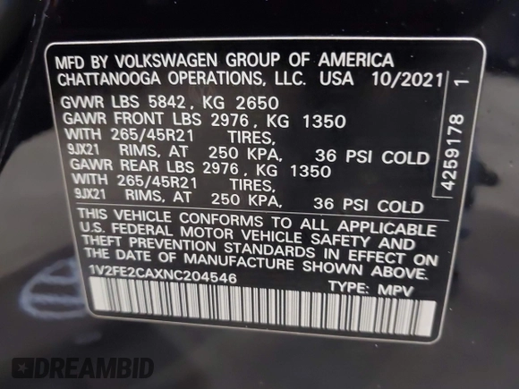 2022 Volkswagen Atlas SEL Premium R-Line with VIN 1V2FE2CAXNC204546, listed as a IAAI auction lot 41124737 with 51,226 mi miles and . Bid and sale history available at DreamBid. Image 9.