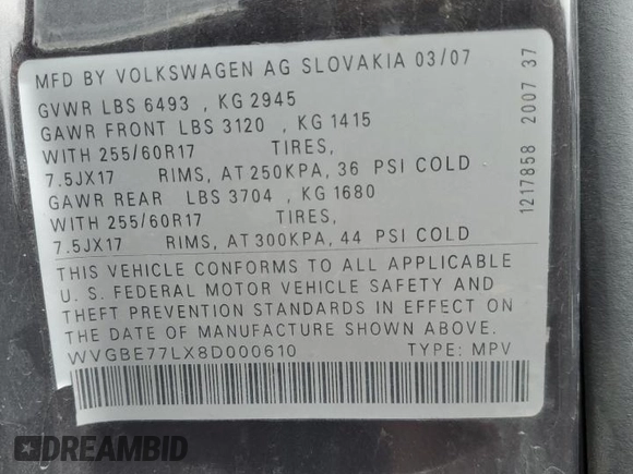 2008 Volkswagen Touareg V6 z VIN WVGBE77LX8D000610, wystawiony jako Copart lot #58434065 z przebiegiem 208 718 mil mil oraz Czysty tytuł • Clean title. Historia ofert i sprzedaży dostępna na DreamBid. Obrazek 13.