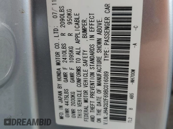 2011 Acura TSX with VIN JH4CU2F69BC016089, listed as a Copart auction lot 60078215 with 165,613 mi miles and Non repairable. Bid and sale history available at DreamBid. Image 12.