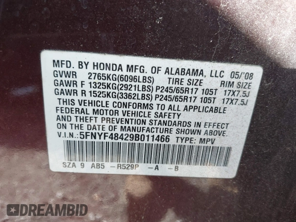 2009 Honda Pilot EX with VIN 5FNYF48429B011466, listed as a IAAI auction lot 41984812 with 162,664 mi miles. Bid and sale history available at carsss.com. Image 9.