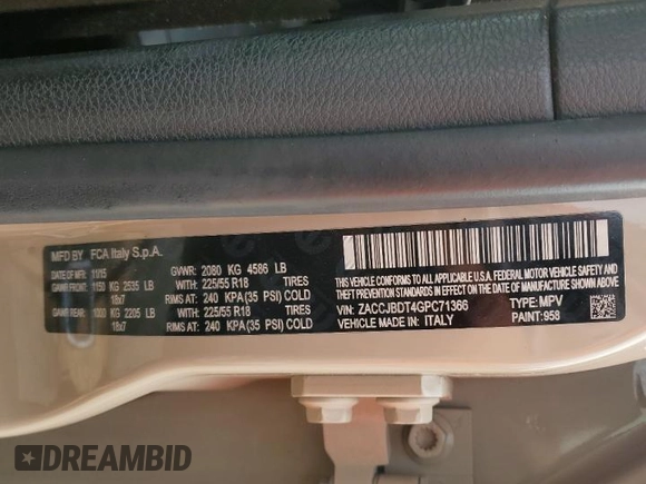 2016 Jeep Renegade Limited with VIN ZACCJBDT4GPC71366, listed as a Copart auction lot 58951425 with 86,485 mi miles and Non repairable. Bid and sale history available at DreamBid. Image 12.