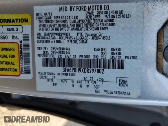 2013 Ford Fusion SE with VIN 3FA6P0H9XDR297802, listed as a Copart auction lot 88169155 with 184,447 mi miles and Salvage title. Bid and sale history available at DreamBid. Image 12.