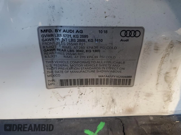 2019 Audi SQ5 Premium with VIN WA1A4AFY1K2004989, listed as a Copart auction lot 83792774 with 68,303 mi miles and Non Repairable. Bid and sale history available at carsss.com. Image 15.