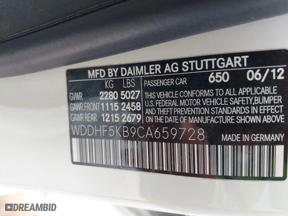 2012 Mercedes-Benz E-Class E 350 Luxury with VIN WDDHF5KB9CA659728, listed as a IAAI auction lot 41948569 with 156,322 mi miles. Bid and sale history available at carsss.com. Image 9.