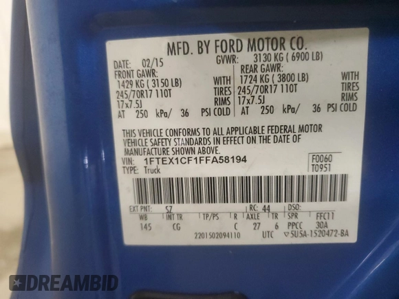 2015 Ford F-150 XL with VIN 1FTEX1CF1FFA58194, listed as a Copart auction lot 60086625 with 154,259 mi miles and Clean title. Bid and sale history available at DreamBid. Image 12.