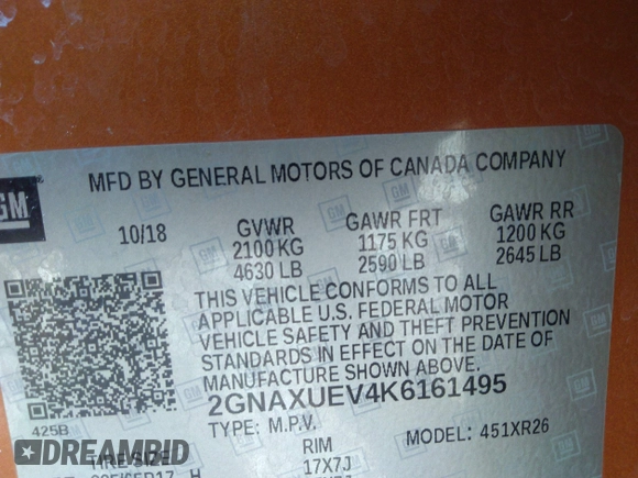 2019 Chevrolet Equinox LT with VIN 2GNAXUEV4K6161495, listed as a IAAI auction lot 41747900 with 122,089 mi miles and . Bid and sale history available at carsss.com. Image 9.