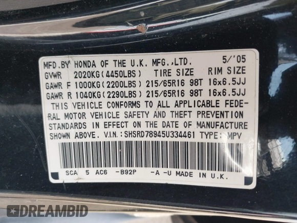 2005 Honda CR-V EX SE with VIN SHSRD78945U334461, listed as a IAAI auction lot 41775974 with 147,876 mi miles. Bid and sale history available at carsss.com. Image 9.