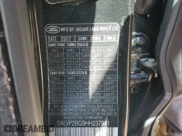 2017 Land Rover Range Rover Evoque SE with VIN SALVP2BG9HH237941, listed as a Copart auction lot 54318615 with 47,450 mi miles and Salvage title. Bid and sale history available at DreamBid. Image 12.