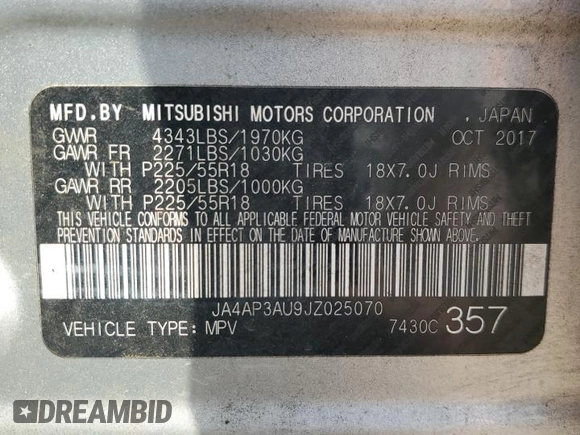2018 Mitsubishi Outlander ES with VIN JA4AP3AU9JZ025070, listed as a Copart auction lot 61654985 with 122,303 mi miles and Salvage title. Bid and sale history available at DreamBid. Image 13.