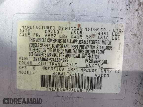 2010 Nissan Sentra S with VIN 3N1AB6AP7AL684727, listed as a IAAI auction lot 42417558 with 212,666 mi miles and . Bid and sale history available at DreamBid. Image 9.