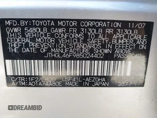 2008 Lexus LS 460 L with VIN JTHGL46F985024402, listed as a IAAI auction lot 41753588 with 167,373 mi miles and . Bid and sale history available at DreamBid. Image 9.