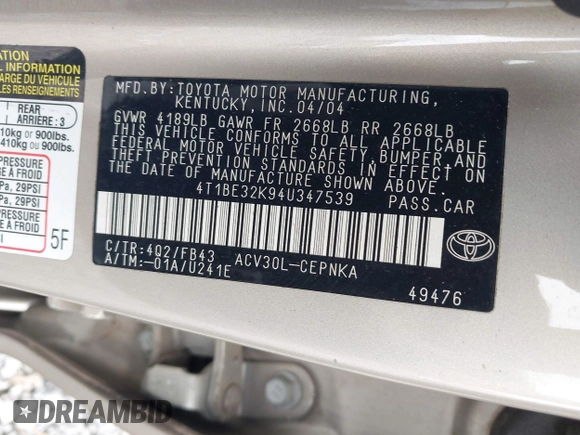 2004 Toyota Camry LE with VIN 4T1BE32K94U347539, listed as a IAAI auction lot 41957246 with 234,747 mi miles and . Bid and sale history available at carsss.com. Image 9.