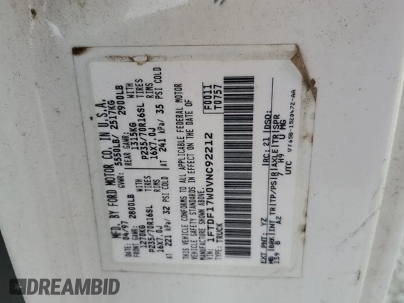 1997 Ford F-150 with VIN 1FTDF17W0VNC92212, listed as a Copart auction lot 74321454 with 242,523 mi miles and Salvage title. Bid and sale history available at DreamBid. Image 13.