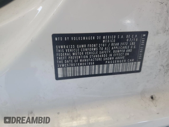2019 Volkswagen Jetta S with VIN 3VWC57BU1KM061958, listed as a Copart auction lot 57867985 with 72,368 mi miles and Non repairable. Bid and sale history available at DreamBid. Image 12.