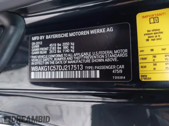 2013 BMW 3 Series 335is with VIN WBAKG1C57DJ217513, listed as a IAAI auction lot 41153004 with 1 mi miles. Bid and sale history available at carsss.com. Image 9.