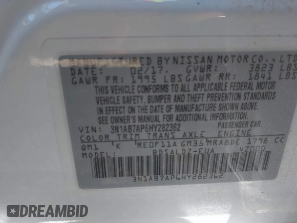 2017 Nissan Sentra S with VIN 3N1AB7AP6HY282362, listed as a IAAI auction lot 42331788 with 71,732 mi miles and . Bid and sale history available at DreamBid. Image 9.