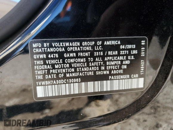 2013 Volkswagen Passat SE with VIN 1VWBH7A30DC130963, listed as a Copart auction lot 47929415 with 176,137 mi miles and Salvage Title. Bid and sale history available at carsss.com. Image 15.