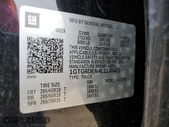 2020 GMC Canyon 4WD SLT with VIN 1GTG6DEN4L1130421, listed as a Copart auction lot 49883405 with 49,142 mi miles and Salvage Title. Bid and sale history available at carsss.com. Image 14.