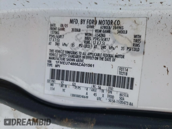 2006 Ford Explorer Eddie Bauer with VIN 1FMEU74866ZA01561, listed as a Copart auction lot 53548505 with Not provided miles and Non repairable. Bid and sale history available at DreamBid. Image 15.