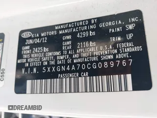 2012 Kia Optima EX with VIN 5XXGN4A70CG089767, listed as a IAAI auction lot 41441319 with 236,331 mi miles. Bid and sale history available at carsss.com. Image 9.