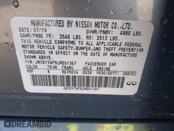 2020 Infiniti Q50 Luxe with VIN JN1EV7AP6LM201347, listed as a IAAI auction lot 41541566 with 29,697 mi miles and . Bid and sale history available at DreamBid. Image 9.