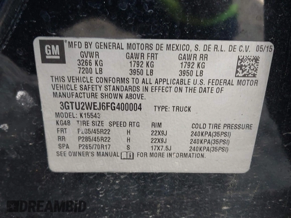 2015 GMC Sierra 1500 Denali with VIN 3GTU2WEJ6FG400004, listed as a IAAI auction lot 42097356 with 148,544 mi miles and . Bid and sale history available at DreamBid. Image 9.