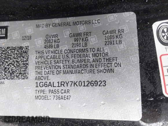 2019 Cadillac ATS-V with VIN 1G6AL1RY7K0126923, listed as a IAAI auction lot 41527035 with 18,067 mi miles and . Bid and sale history available at carsss.com. Image 9.