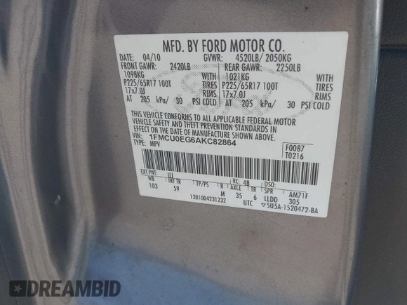2010 Ford Escape Limited with VIN 1FMCU0EG6AKC82864, listed as a IAAI auction lot 42611537 with 103,656 mi miles and . Bid and sale history available at DreamBid. Image 9.
