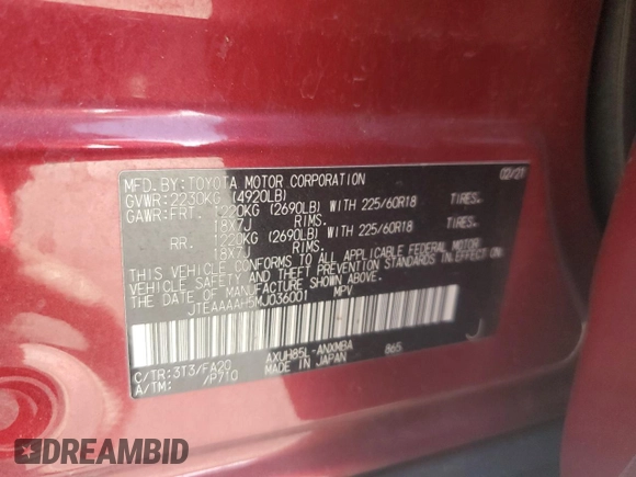 2021 Toyota Venza LE with VIN JTEAAAAH5MJ036001, listed as a Copart auction lot 52758505 with Not Provided miles and Salvage Title. Bid and sale history available at DreamBid. Image 14.