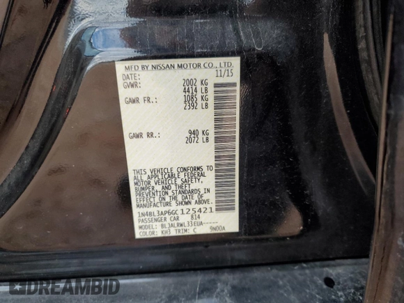 2016 Nissan Altima SR with VIN 1N4BL3AP6GC125421, listed as a Copart auction lot 84872794 with 114,507 mi miles and Salvage Title. Bid and sale history available at carsss.com. Image 12.