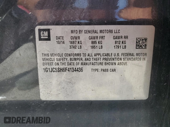 2015 Chevrolet Sonic LT with VIN 1G1JC5SH6F4134436, listed as a Copart auction lot 52627365 with 153,286 mi miles and Salvage Title. Bid and sale history available at DreamBid. Image 12.