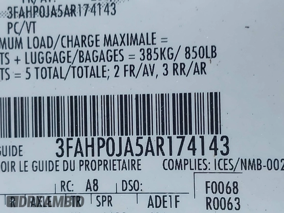 2010 Ford Fusion SEL with VIN 3FAHP0JA5AR174143, listed as a IAAI auction lot 41849295 with 165,544 mi miles. Bid and sale history available at carsss.com. Image 9.