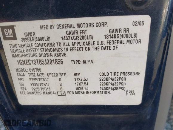 2005 Chevrolet Tahoe LT z VIN 1GNEC13T85J201856, wystawiony jako IAAI lot #41099372 z przebiegiem 303 169 mil mil oraz . Historia ofert i sprzedaży dostępna na DreamBid. Obrazek 9.