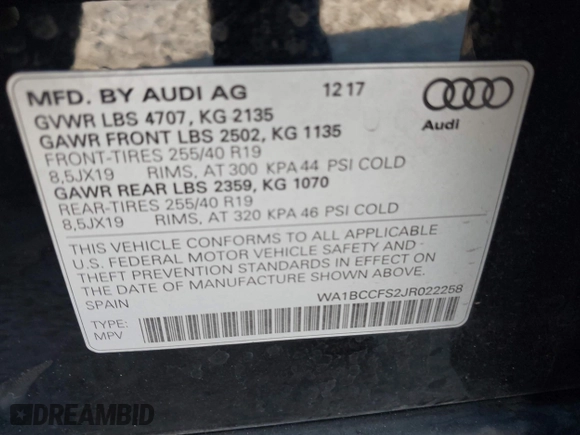 2018 Audi Q3 Premium with VIN WA1BCCFS2JR022258, listed as a IAAI auction lot 41845179 with 80,297 mi miles. Bid and sale history available at carsss.com. Image 9.