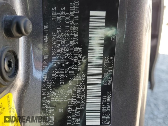2012 Toyota Sienna LE AAS with VIN 5TDKK3DC4CS248181, listed as a Copart auction lot 53475865 with 124,492 mi miles and Salvage Title. Bid and sale history available at carsss.com. Image 15.